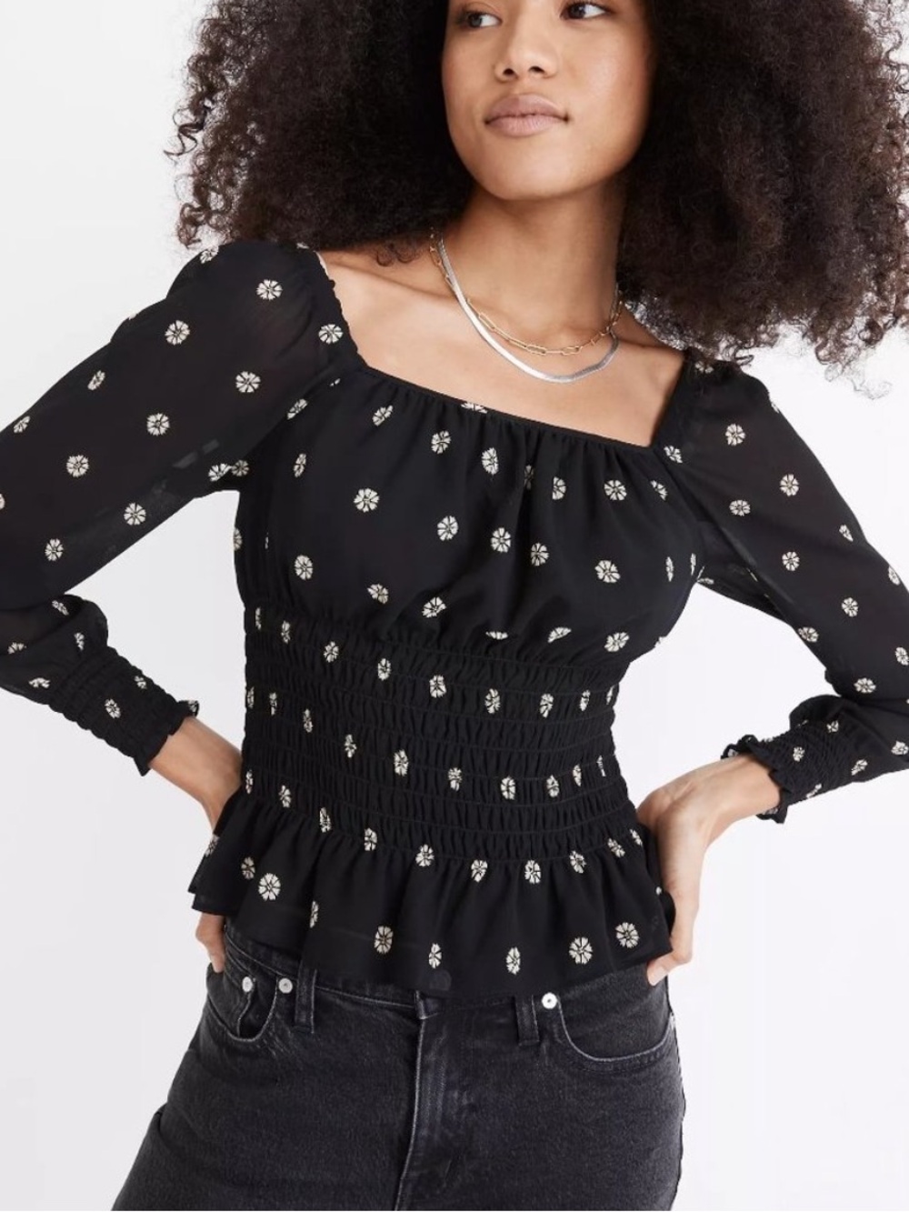 Madewell Georgette Square-Neck Smock-Waist Top
